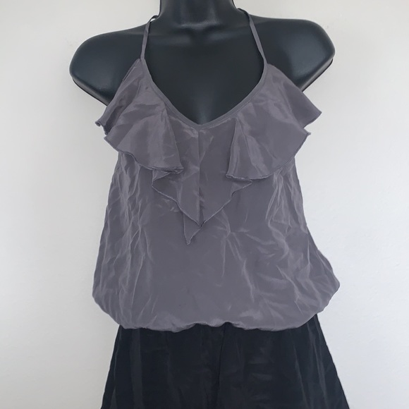 Express Charcoal Grey and Black Ruffle V Neckline Silk Halter Neck Romper - Picture 3 of 11